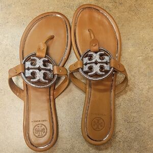 Tory Burch Brown Leather Sandals with Silver Accents